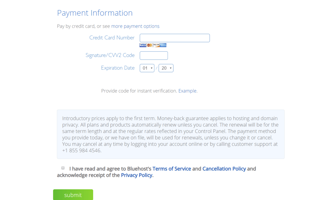 Bluehost Enter Payment Information