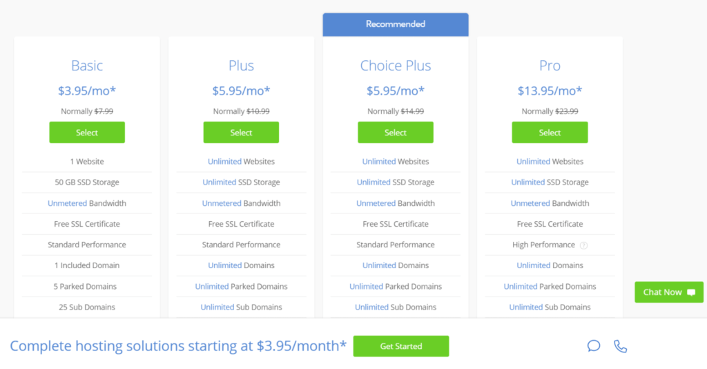 Bluehost pick a hosting plan