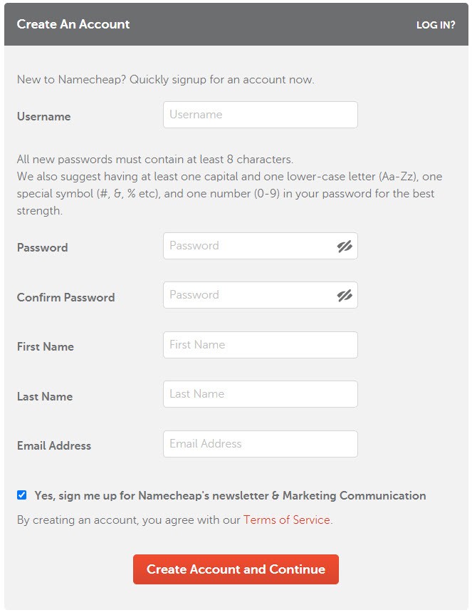 Namecheap Create Account