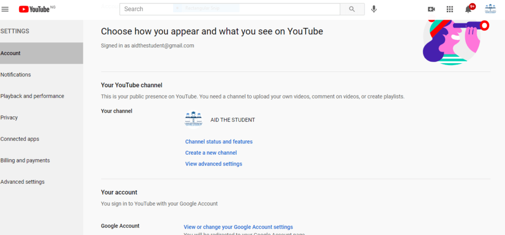 youtube channel advance setting