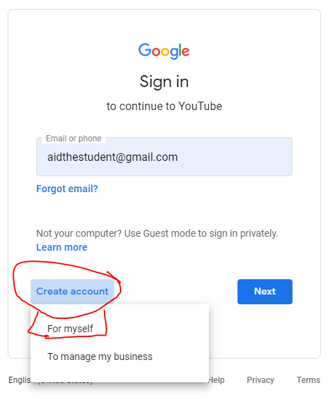 youtube create an account