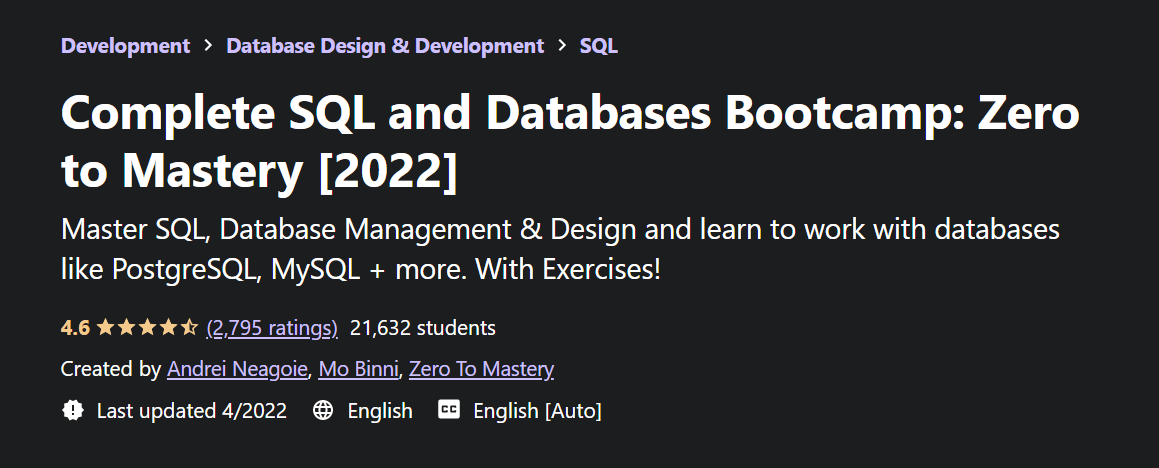 Complete Sql And Databases Bootcamp: Zero To Mastery